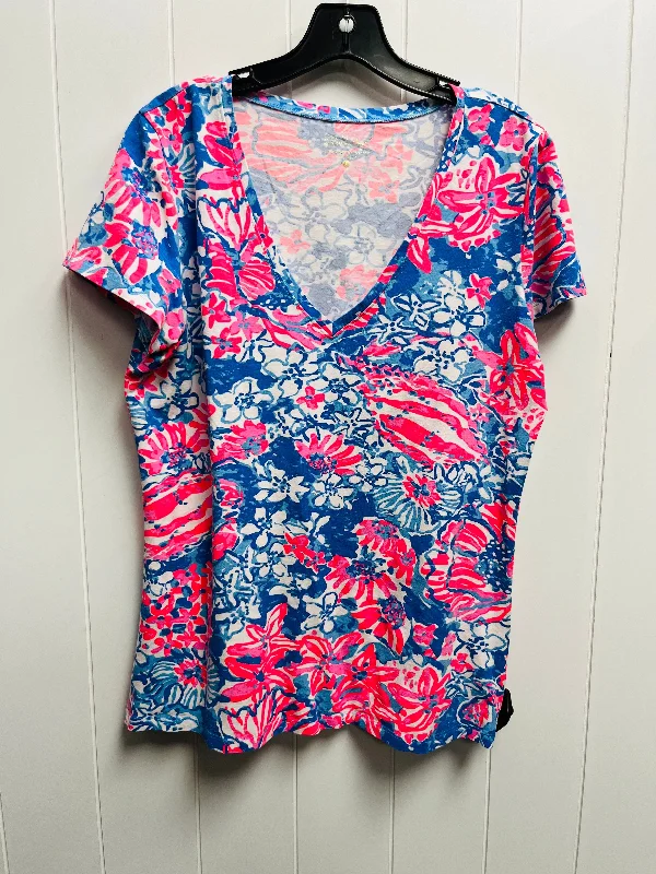 Top Short Sleeve Designer By Lilly Pulitzer In Blue & Pink, Size: L