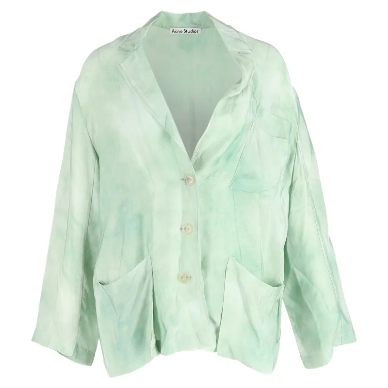 Acne Studios Marble Print Single-Breasted with Pockets Blazer in Green Cupro