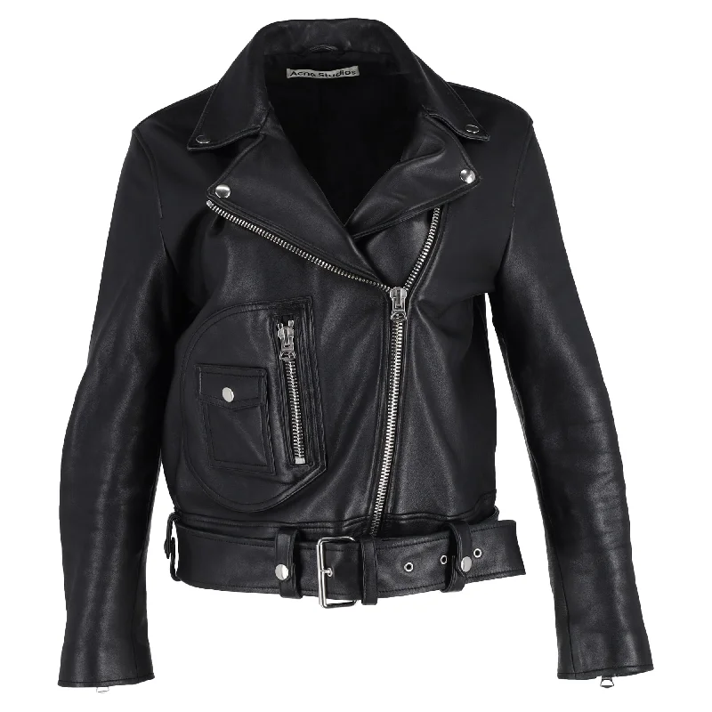 Acne Studios Zip Up Biker Jacket in Black Leather