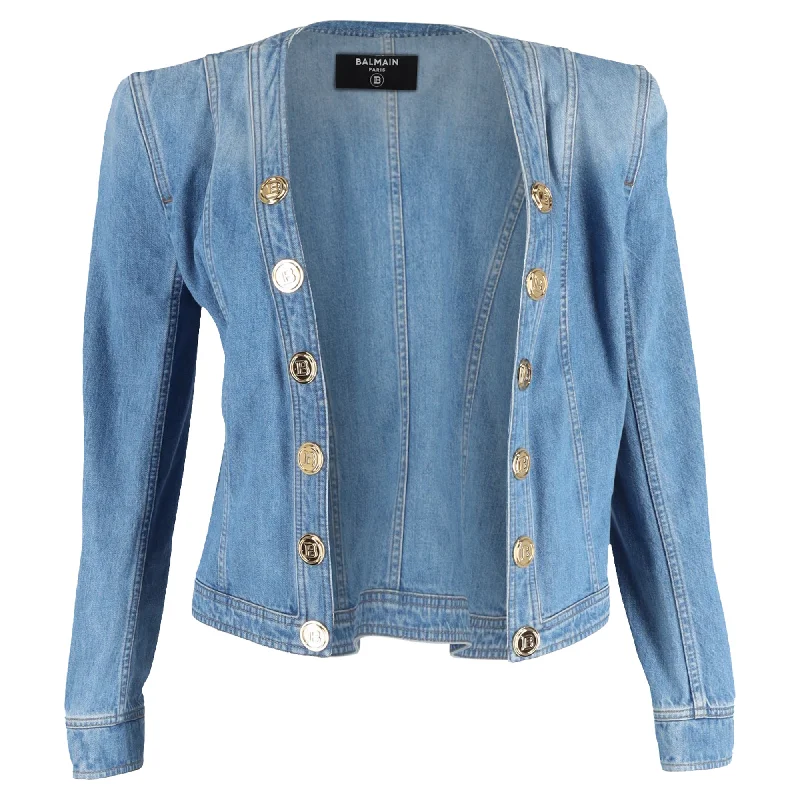 Balmain Button-Embellished Denim Jacket in Light Blue Cotton