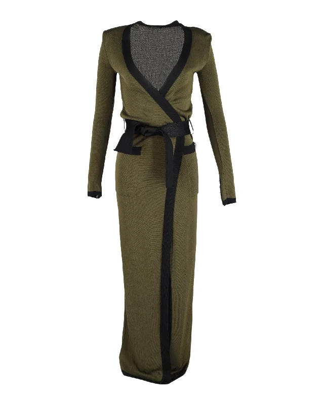 Balmain Open-Front Belted Maxi Cardigan in Green Wool