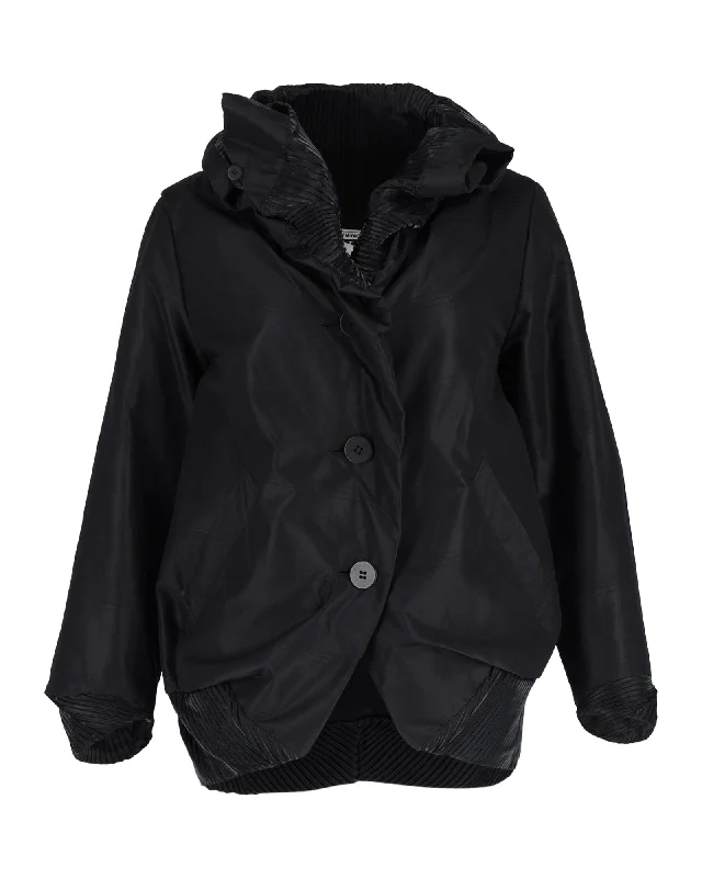 Issey Miyake Fete Pleated Collar Jacket in Black Silk