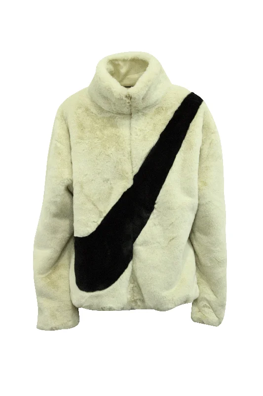 Nike Big Swoosh Jacket in Cream Faux Fur