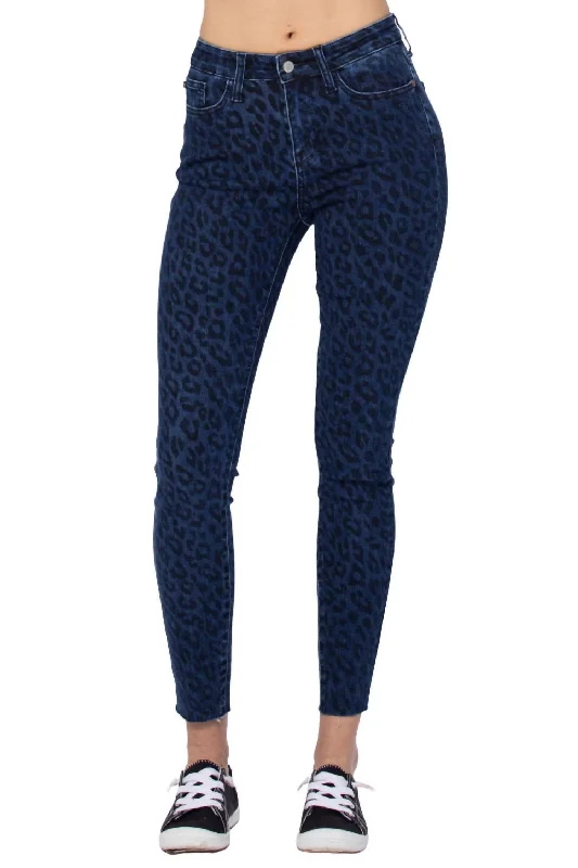 Cheetah Print Skinny Jean In Medium Blue