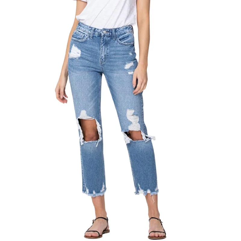 Let Go High Rise Tattered Straight Leg Jean In Medium Wash