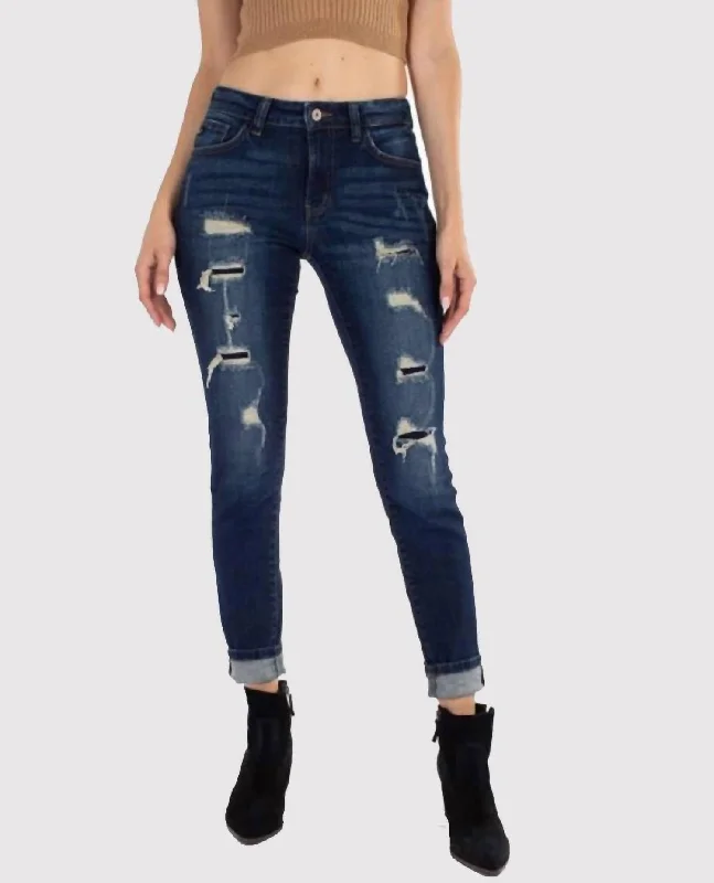 Mid Rise Distressed Ankle Skinny Jean In Dark Wash