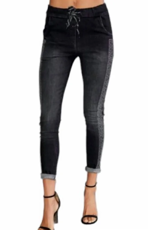 Rhinestone Maze Side Stripe Denim Crinkle Jogger In Black Denim