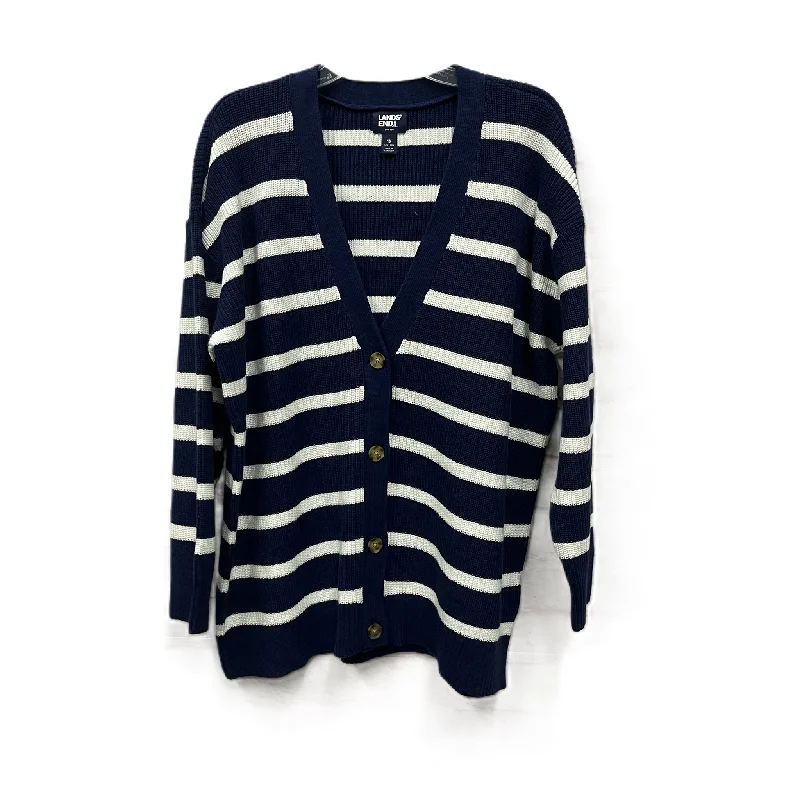 Sweater Cardigan By Lands End In Blue & White, Size: 1x